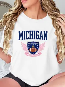 Summer Fashion Loose Fit American College Style Michigan Rugby Badge Print Comfortable Stretch Skin-Friendly Women's T-Shirt - 1 Piece