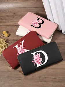 Chic Initial Cherry Blossom Long Wallet, Fashion Monogram Full-Zipper Clutch Purse Large Capacity Multi-Slot Portable Card Holder for Women Daily Use & Travel