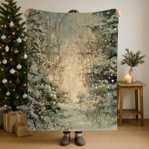 Winter Cabin Sherpa and Velveteen Plush Blanket, Cozy Woodland Holiday Decor, Winter Forest Folk Art Blanket