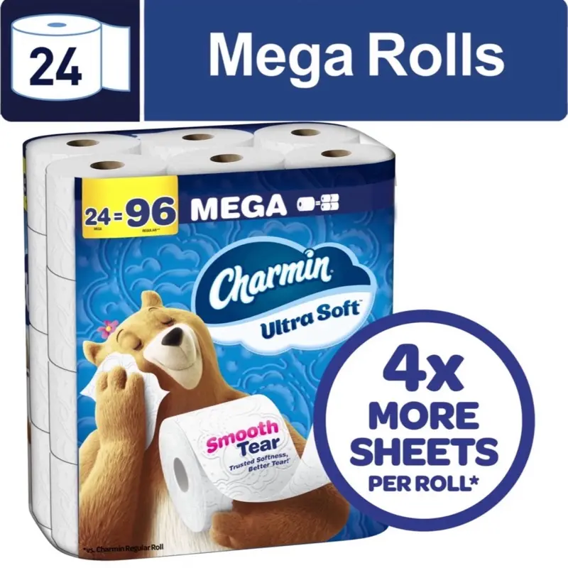 Charmin Ultra Soft Cushiony Touch Toilet Paper Pack, 24 Family Mega Rolls = 96 Regular Rolls, White