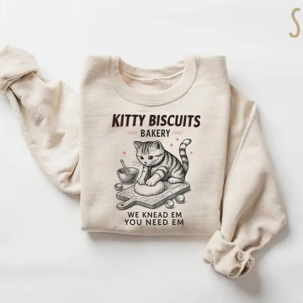 Kitty Biscuits Bakery Sweatshirt, Funny Cat Baking Graphic Shirt, We Knead Em You Knead Em Tee, Cute Cat Lover Gift