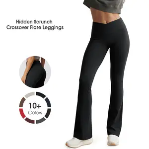 ODODOS Hidden Scrunch Butt Lifting Crossover Flare Leggings for Women - No Front Seam Booty Sculpting Yoga Pants, 30" Inseam