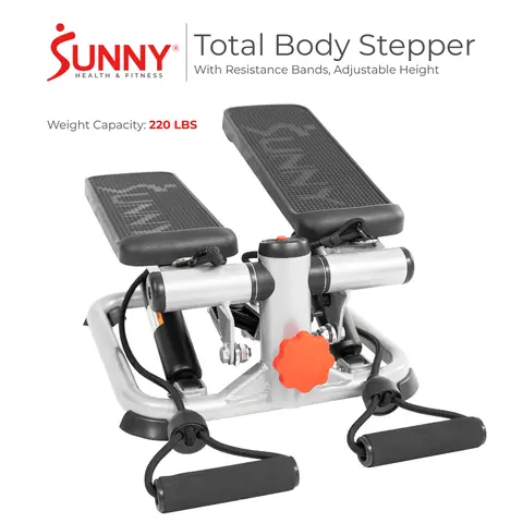 Sunny Health & Fitness Mini Stepper with Resistance Bands, Total Full Body, Home Gym Workout Fitness, Adjustable Resistance & Height, Stabilizer for Balance, Performance Monitor, Compact Portable Home Cardio, Leg/Thigh/Glute Toner, 220 lbs Capacity