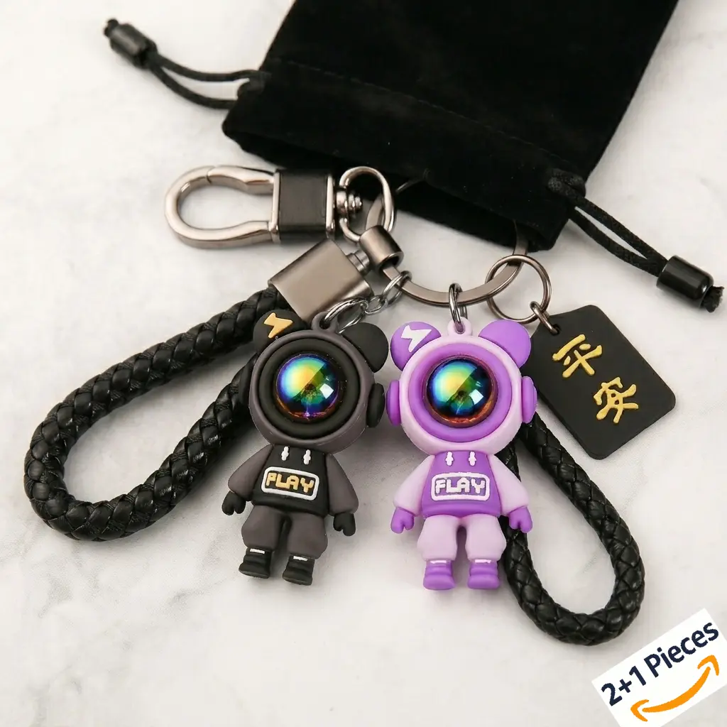 2Pcs Car Keychains Plus 1 Velvet Jewelry Pouch - Electric Bear & Woven Rope, Birthday Gift, Durable for Purse, Backpack & Car Keys, Gift for Women, Hypebeast Collection star