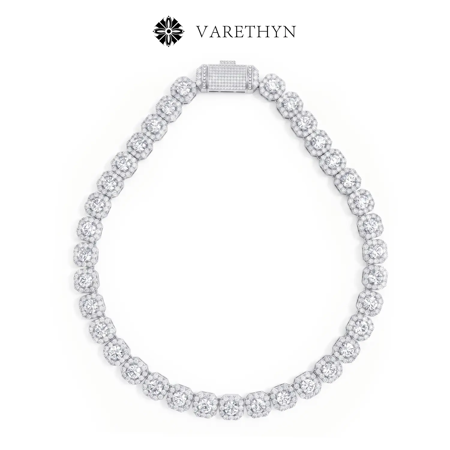 Iced Out Halo Cluster Tennis Chain Necklace,14K White Gold Plated Hip Hop Statement Chain,Sparkling CZ Diamond Stacking Jewelry Gift for Men Women