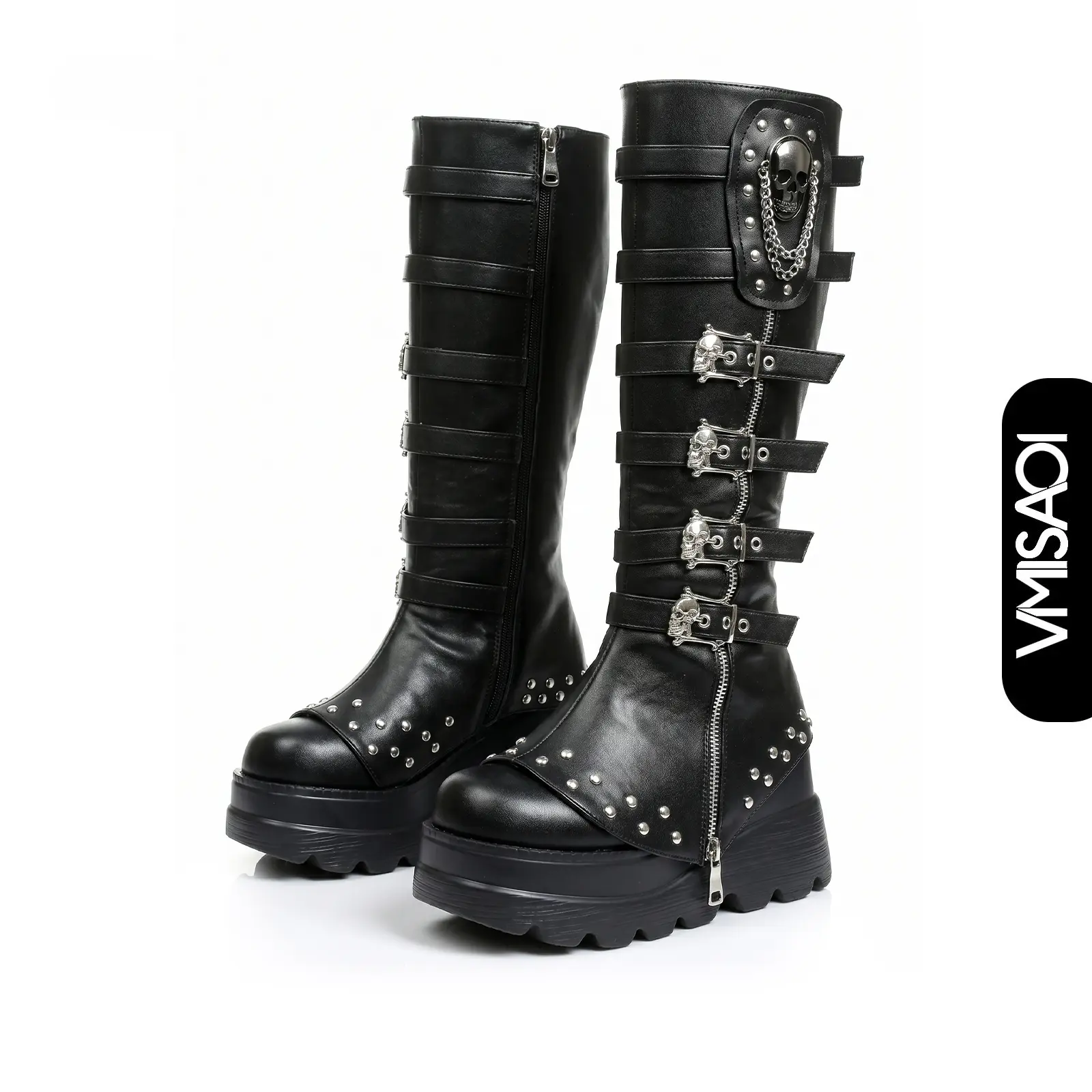 Womens Goth Boots Chunky Wedge Heel Round Toe Skull Buckle Side Zipper Chain Studded Rivets Alternative E-Girl Rave Trendy Fashion Motorcycle Street Style Party Concert Festival Shoes Cyber Go Go Platform Knee High Booties Deals For You Days
