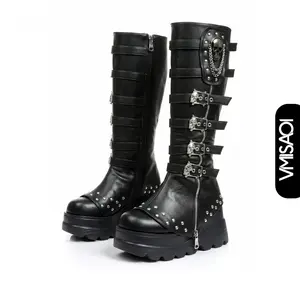 Womens Goth Boots Chunky Wedge Heel Round Toe Skull Buckle Side Zipper Chain Studded Rivets Alternative E-Girl Rave Trendy Fashion Motorcycle Street Style Party Concert Festival Shoes Cyber Go Go Platform Knee High Booties Deals For You Days	