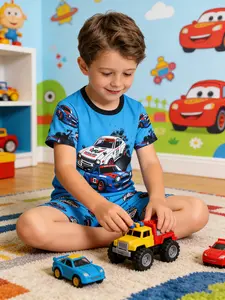 Boys' Cool Racing Car Print Pajama Set, Short Sleeve Round Neck Sleepwear, Casual Home, Comfortable Kids Night Clothes, Round Neck Pajamas, Pajama Pattern