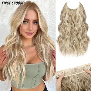 First Choose 20 Inch Invisible Wire Hair Extensions with Transparent Wire Adjustable Size 4 Secure Clips Long Wavy Hairpiece for Women