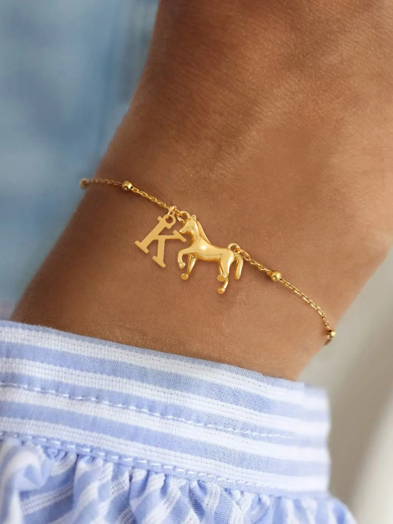 Women's Letter Horse Pendant Bracelet, Fashion Stainless Steel Beaded Chain, Casual Style, All Seasons Jewelry