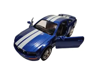 KINSMART 1:38 2006 Ford Mustang GT Diecast Car Blue with White Stripes Officially Licensed Collectible Model with Openable Doors and Pull Back Action