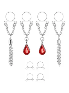 2 Pairs Red Silvery Exquisite Non-Piercing Nipple Rings for Women Men Faux Dangle Nipple Jewelry Set Stainless Steel Fake Nipple Rings Piercings Jewelry Clip on Nipple Rings