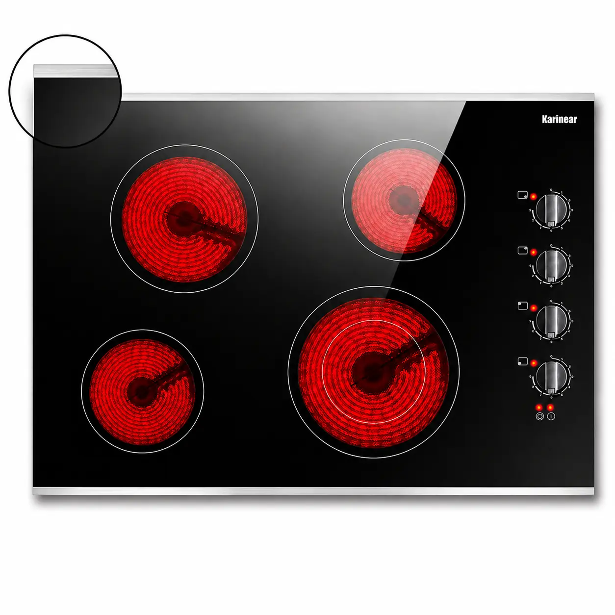 Karinear 30-in 4-Burner Built-In Ceramic Electric Cooktop (Household Kitchen Appliances), Framed 6700W 220-240V Wired Stove Top with Knob Control, Dual Heating Zone, Hot Surface Indicator, 1200w+1200w+1800w+1250/2500w, Fits All Flat-Bottom Cookware