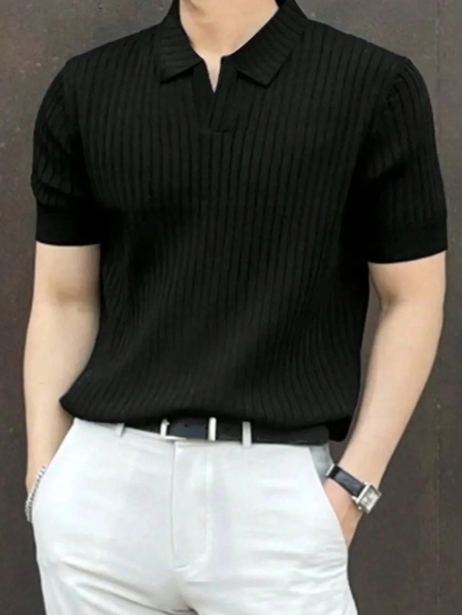 Men's Striped Rib-Knit Burgundy Polo Shirt - Business Casual & Comfortable Fit