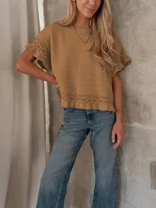 Womens Short Sleeve Sweater Round Neck Ruffled Hem Knit Crochet Pullover Casual Top Blouse Springfresh Summer Outfit Knitwear