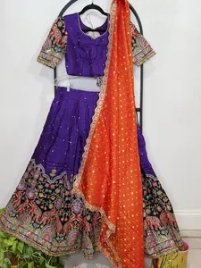 Purple Munga Crepe Silk Kalamkari Embroidery Lehenga Set with Orange Munga Benarasi Tissue Dupatta – Girls 11+ Junior
