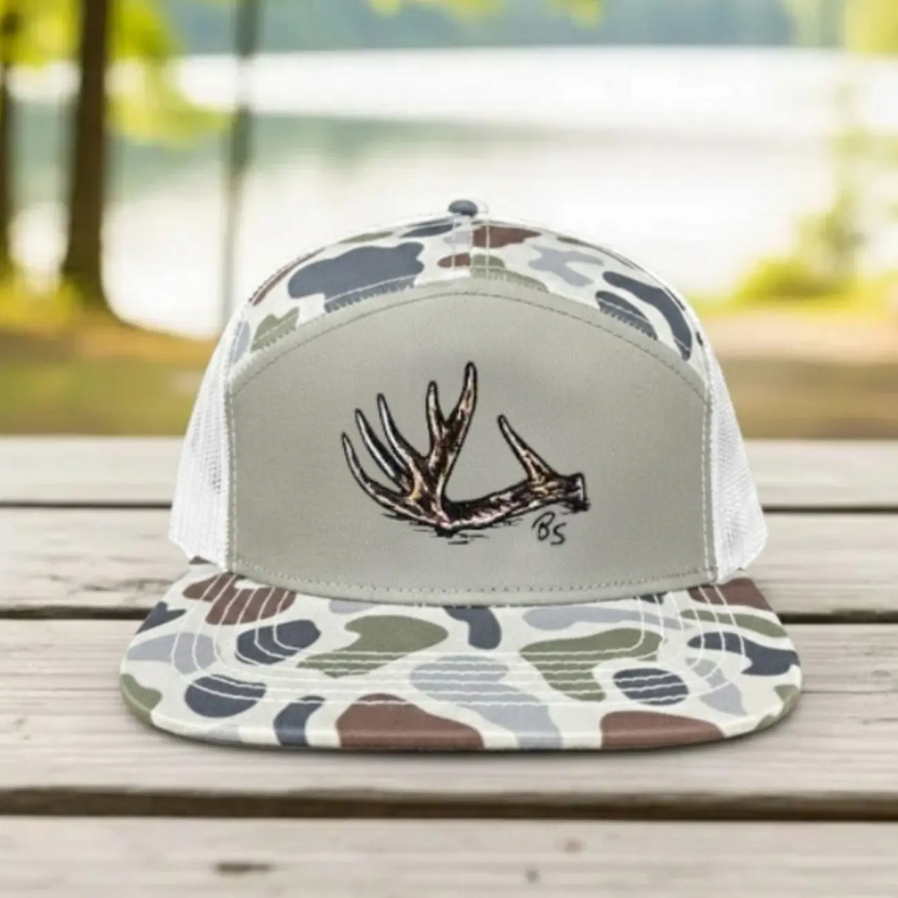 Antler Shed 7 Panel Hat – Mossy Oak Bottomland Camo Snapback Cap | Structured Outdoor Hunting Hat | Adjustable Performance Hat for Hunting, Fishing & Everyday Wear