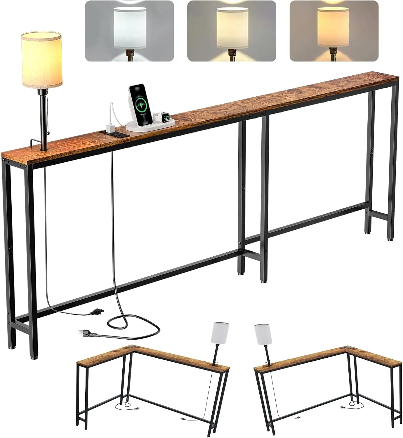 78.8" Long Narrow Sofa Table with Outlet & LED Bulb, L Shaped Skinny Corner Console Table Behind Couch, Slim Sofa Table wtih 3 Color Light for Living Room, Bedroom, Entryway, Rustic Brown