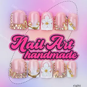 Delicatething Y2K Style Nail Set, Handmade Design with 3D Gold Diamonds, Elegant Rhinestone Decorated, French Manicure, Perfect Gift for Women, Includes Jelly Glue and Crystal Rods