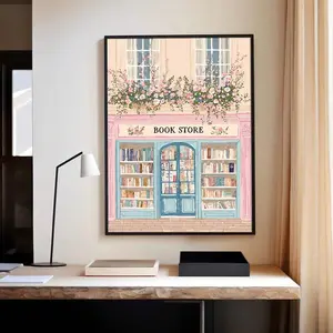 1pc Unframed Floral Book Store Y2K Preppy Wall Art Canvas Poster Print Pink Blue Book Club Cottagecore Aesthetic Decor Painting For Book Lover,Apartment,Living Room,Bedroom,Modern Home Decoration