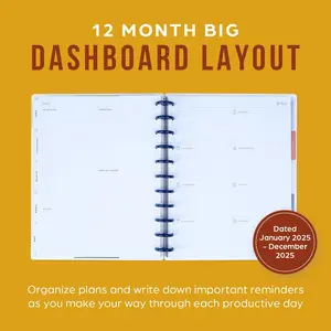 Planner Disc-Bound 12-Month Planner, 2025 Daily, Weekly, and Monthly Planner, Dashboard Layout, Sun & Stars, 72 Pages, 12 Dividers, 2 Sticker Sheets.