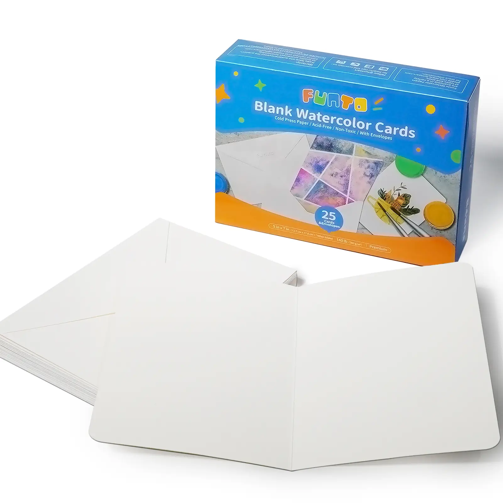 Funto Blank Watercolor Cards and Envelopes, 50 Cards, 5x7'', 140lb/300gsm, White, Acid-Free, Heavyweight Paper for all Occasions