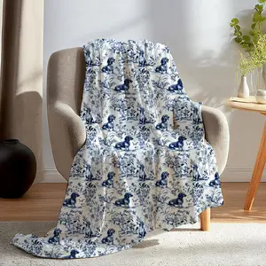 Dachshund Blanket Blue and White Chinoiserie – Vintage French Country Weiner Dog Throw, Soft Cozy Couch Bed Home Decor, Gifts for Dachshund Lovers