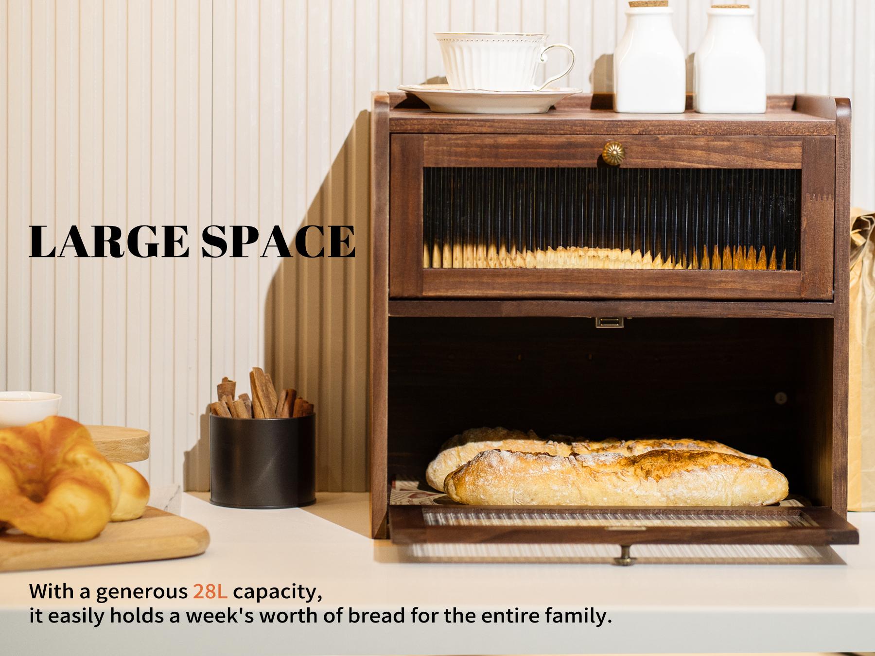 Solid Wood Bread Box for Kitchen Countertop , 2-Tier Large Wooden Bread Storage Bin , Farmhouse Bread Keeper for Homemade Bread, Brown (50 Deli Papers)