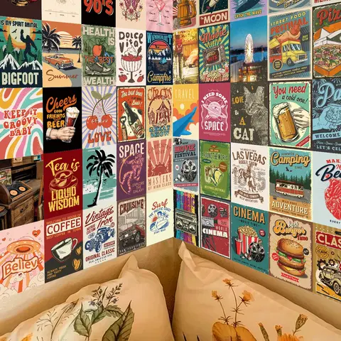 50 Vintage Holiday Postcards Wall Collage Set, Classic Art Poster Retro Style, Travel Surf Movie Theme Fashion Prints, Room Decoration, Aesthetic Wall Decor, Unframed Wall Art, Home Decor Aesthetic, Vintage Design