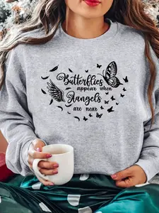 Women's Casual Butterfly Letter Pattern Knit Pullover Sweatshirt, Soft Long Sleeve Round Neck, All-Season Comfort