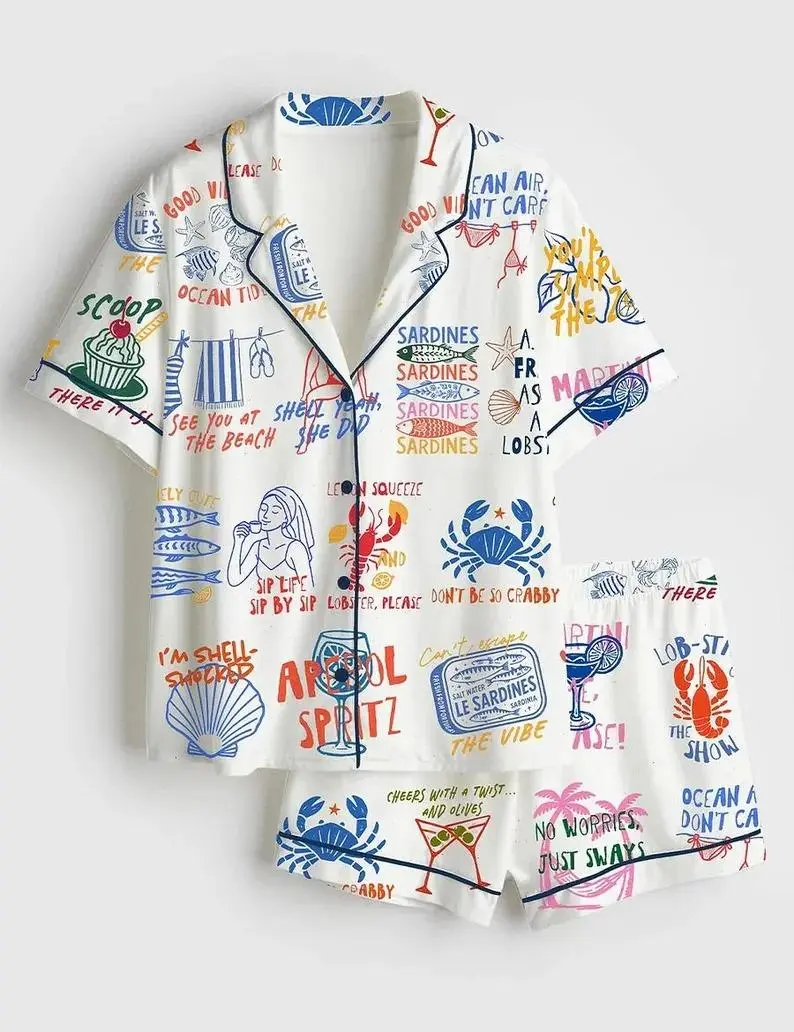Women Funny Beach Quote Pajama Set Crab Lobster Cocktail Sardines Coastal Print Loose Button Down Shirt Shorts Sleepwear Girls Trip Summer Lounge Set