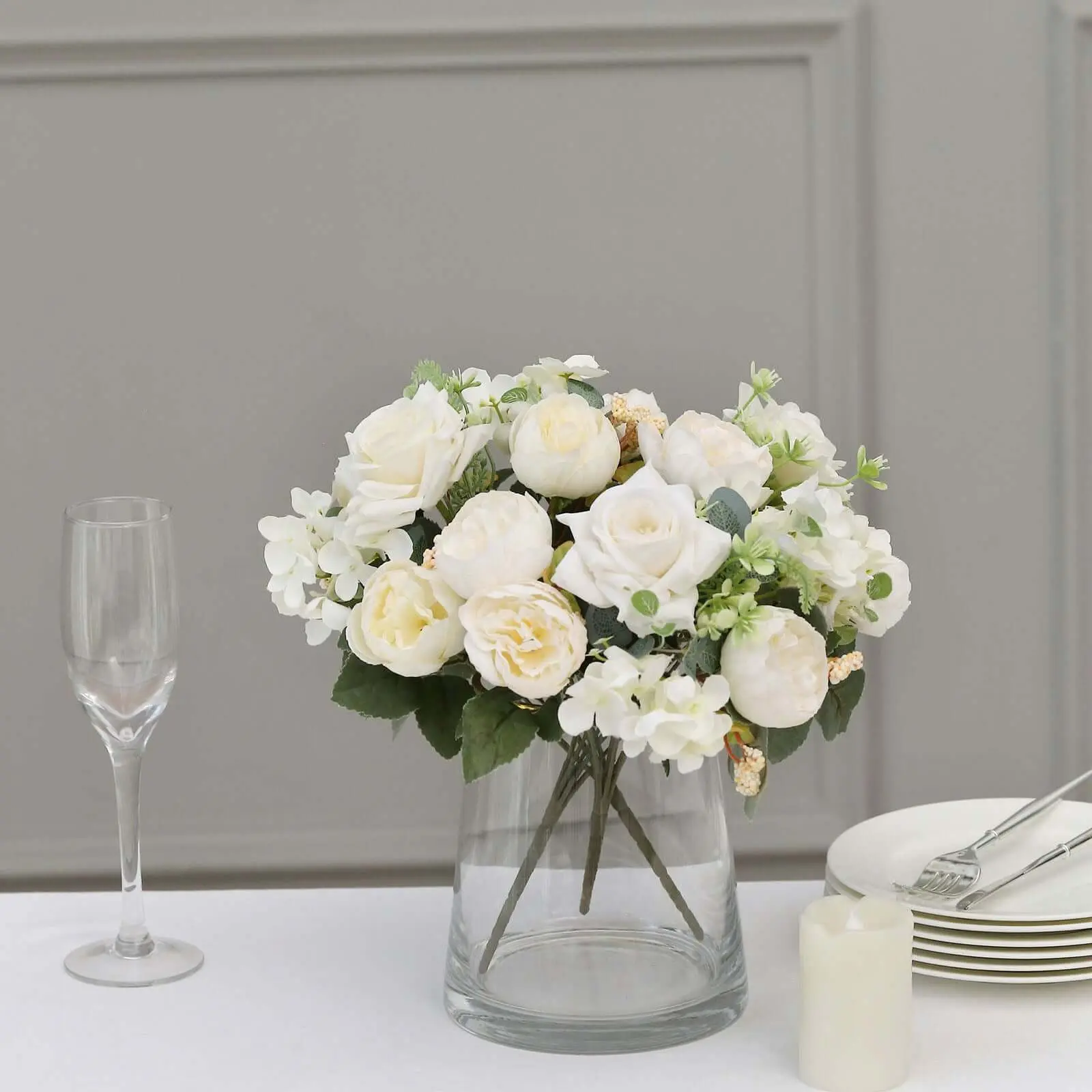 2-Pack 12in Artificial Peony Bouquets - Silk Mixed Blooms of Rose, Peony & Hydrangea, Ivory Floral Decor for Christmas Home, Office Decor, Anniversary, Valentine's Day