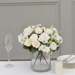 2 Pack Silk Rose Bouquets Mixed Peony & Hydrangea - 12" Ivory Artificial Floral Arrangements