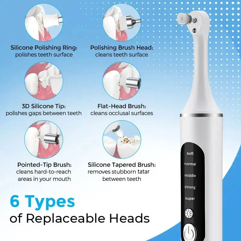 Electric toothbrush, dental calculus remover, plaque remover, rechargeable toothbrush, Battery powered toothbrush, wireless teeth cleaner, 5-speed adjustable, 6 replacement brush heads, LED light, oral care tool, teeth cleaning machine