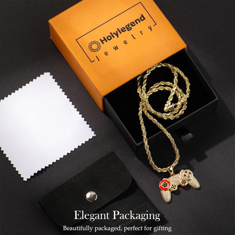 Holylegend 14K Real Gold-Plated Game Controller Necklace, Statement necklace,Sony-Inspired CZ Diamond Pendant, 24" Cuban & Rope Chain, Hip Hop Jewelry Gift for PlayStation Fans