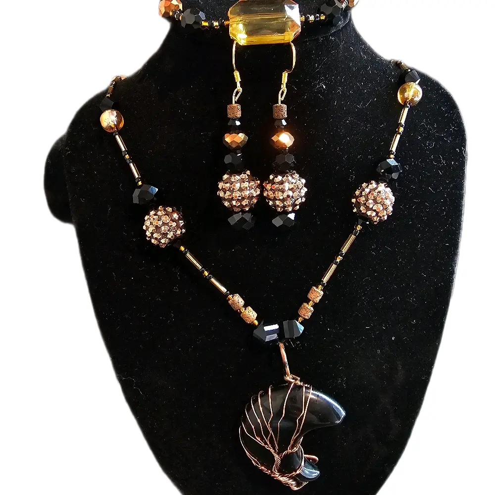 Gabriela Haller HigherKii Artique Lunar Eclipse Jewelry Set with Black Moon Crescent Pendant and Beaded Necklace Set Version 2