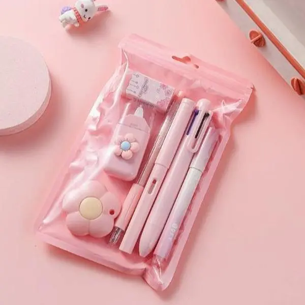 2/3 Pack 7-Piece Ergonomic Writing Stationery Set - Pen, Eraser, Multicolor Pen, Scraper, Correction Tape, Pencils, Markers - Pastel Pink/Purple/Blue, Comfortable Grip, Durable & No Ink Leak, Smooth Ink Flow, Mother's Day Gift for Home & Office, Ergonomic
