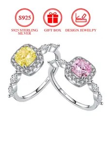 S925 sterling silver rings for women pink square zirconia, Exquisite Trendy Ring, bride engagement, wedding, date, banquet, birthday, festival gift, Valentine's Day gift（with box）
