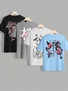 Men's Classic Plant Graphic Pattern Print T-Shirt Set of 4, Summer Round Neck Short Sleeve Casual Streetwear Comfortable Top for Outdoor Wear