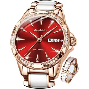 Brand OLEVS Watch Women Automatic Red Face Watches for Women Self-Winding No Battery Luxury Ceramic Stainless Steel Womens Automatic Rose Gold Watch Mechanical Female Date Reloj Para Mujer Automatico Waterproof