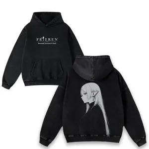 Frieren Beyond Journey’s End Double Printed Hoodie Washed Vegan Apps Menswear Graphic hood & ponytail unisex Overall