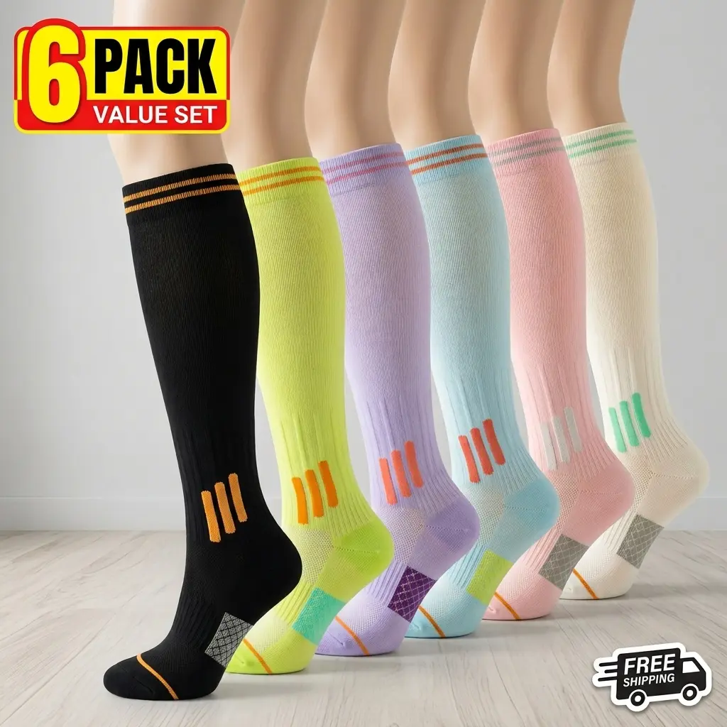 UGEM 6 Pairs Graduated Compression Socks (23-32 mmHg) – All-Day Relief for Nurses, Runners, Flight & Swollen Feet | Breathable & Durable