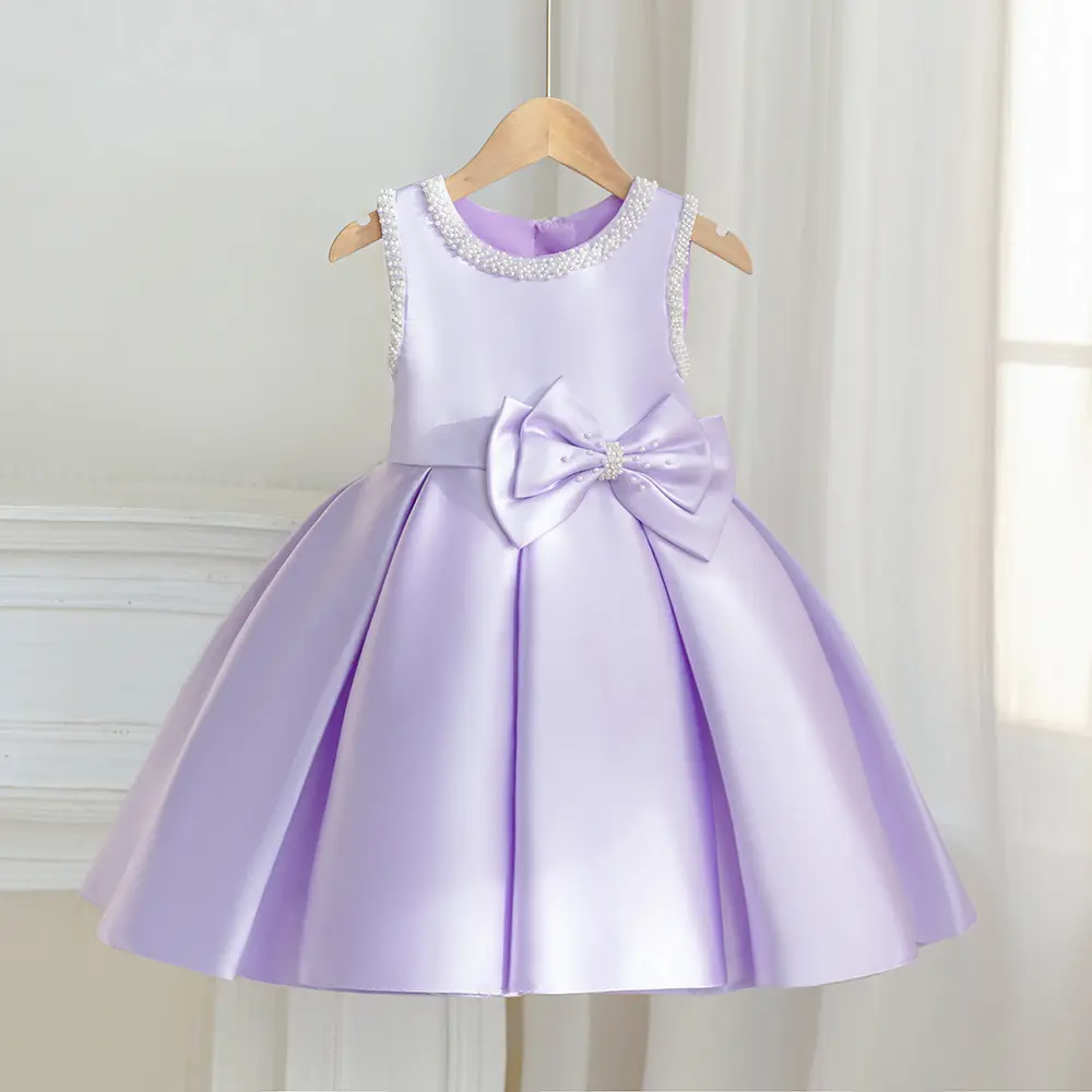 Satin Flower Girls Dress Formal Princess Wedding Pageant Birthday Party Holiday Gown Dresses Toddler Party Dress Elegant Little Girls Prom Dress luxury Kids Purple Frock