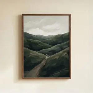 [SALE UP TO 40%] [Unframed] Green Landscape Wall Art, Minimalist Nature Poster, Wanderer Illustration, Moody Hillside Fine Art Print