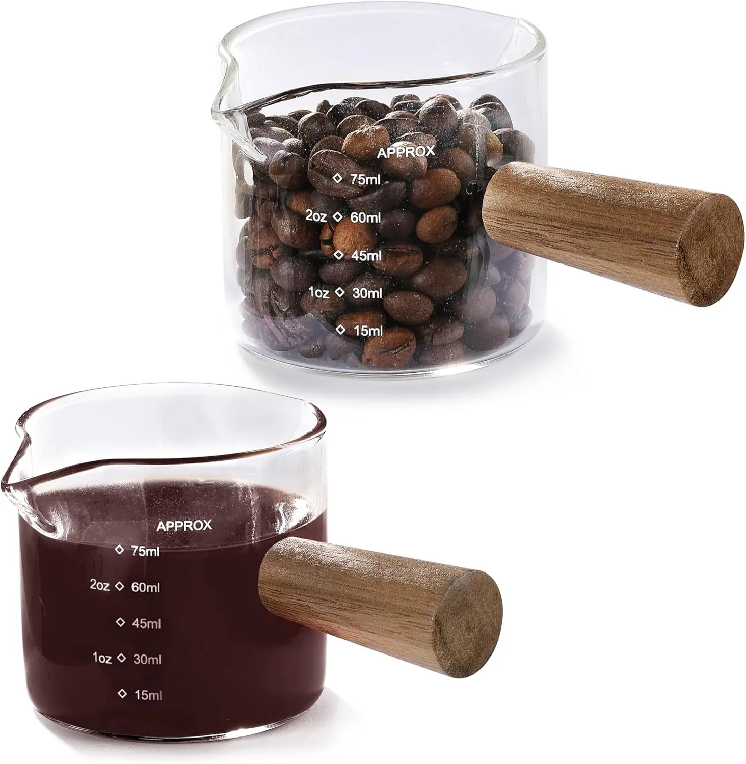 2 Pack Measuring Cups, Espresso Shot Glass with  Handle, Clear Glass with Dual Scale, Espresso Accessories with Double Spouts, 2.5 OZ /75 ML
