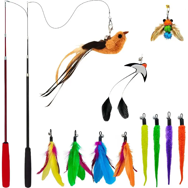 Interactive Cat Wand Toy Set – 2 Retractable Wands (37" & 49") with 11 Refills Attachments – Feather Toys, Plush Bird, Worms, Insect & Swallow – Cat Teaser Toys for Indoor Cats & Kittens