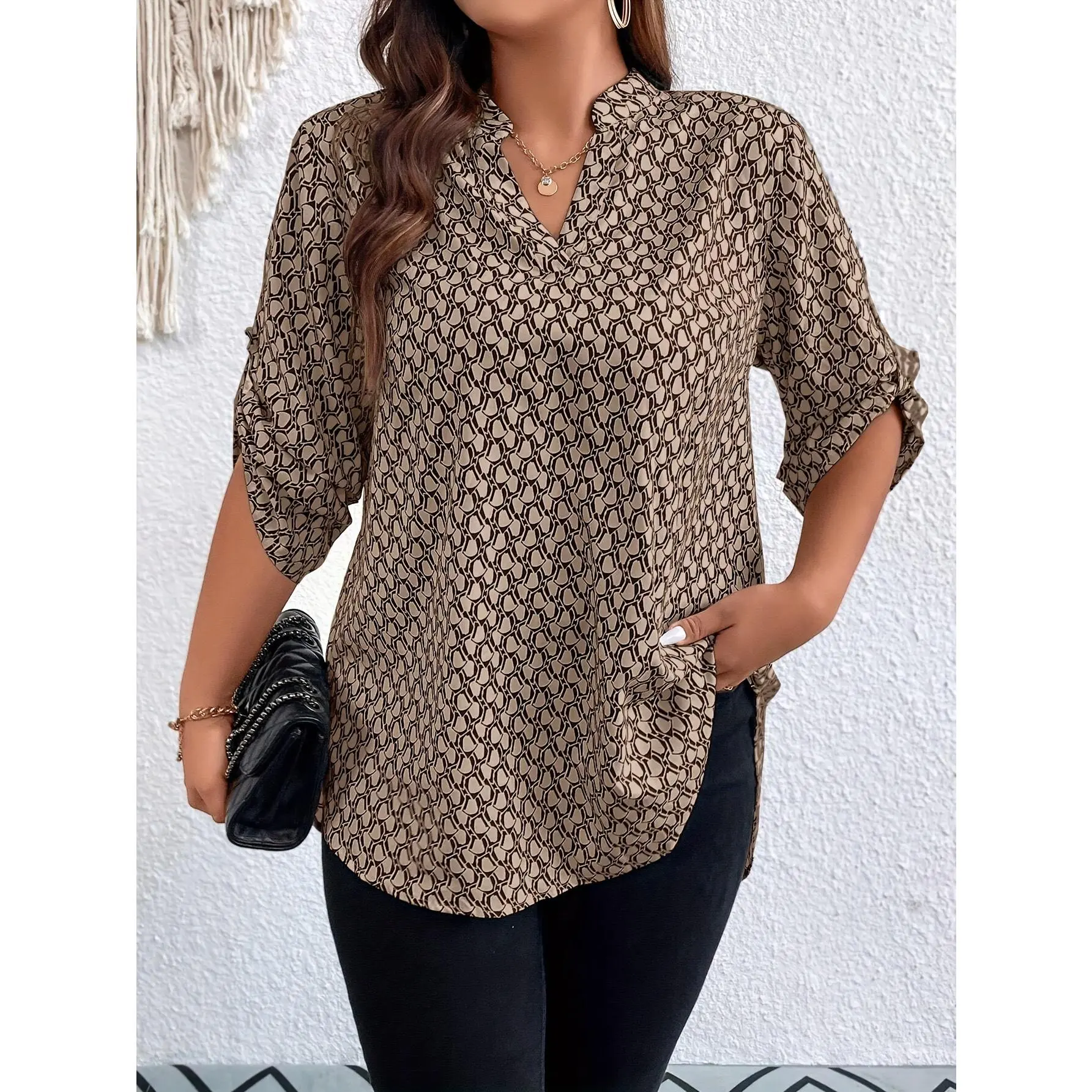 [Plus Size Notched Neck Tunic] Plus Size Casual Blouse, Women's Plus Allover Print Roll Up Sleeve Notched Neck Tunic Top