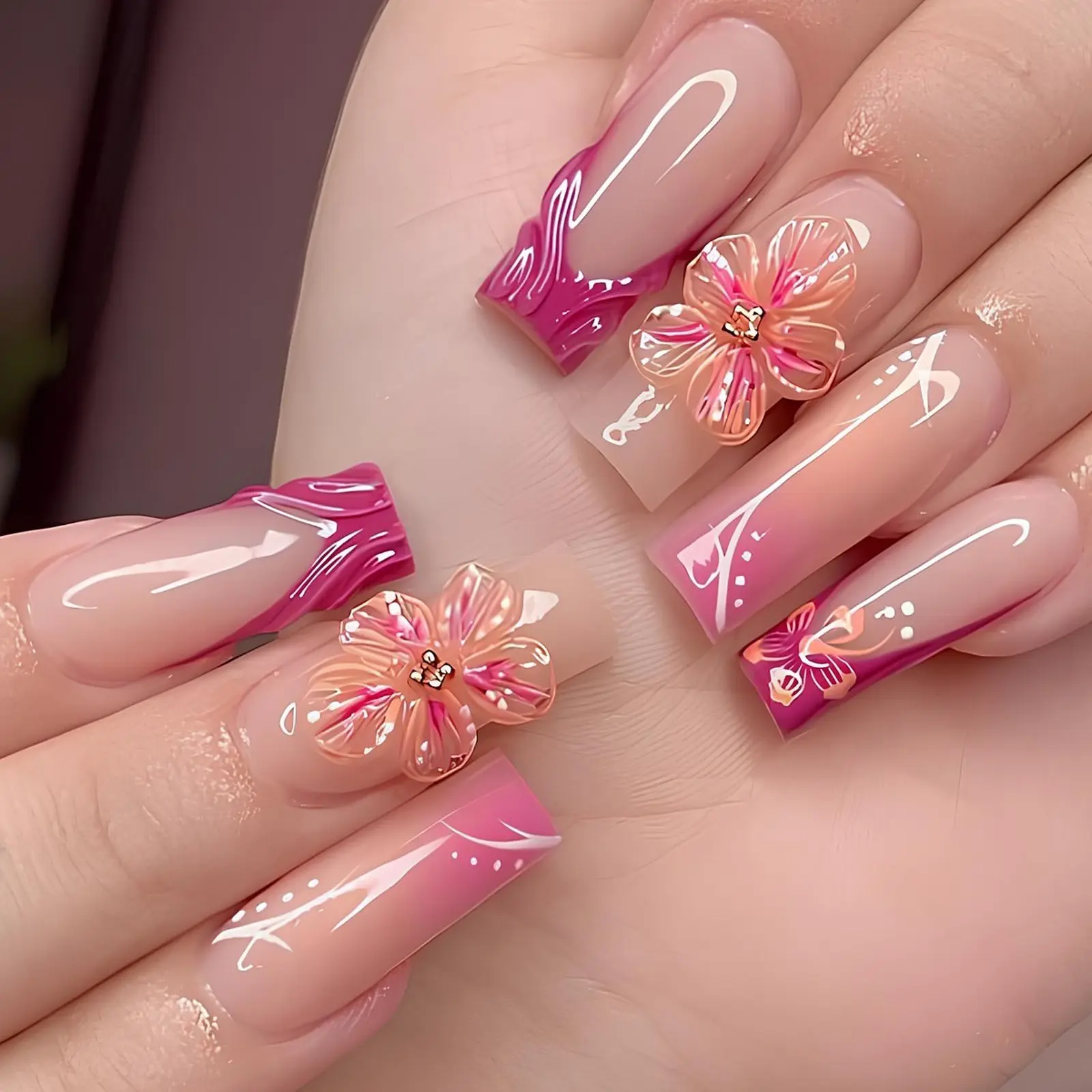 24pcs French Press-On Nail Set, Nail Art Kits, Nail Art Diy, Flower Nails, Flower Design Nails, Gradient Effect Rose Gel Strips with Floral Accents and Gold Beads, Includes Jelly Glue and File, Included Accessories