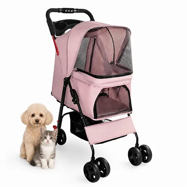 Foldable Pet Stroller for Small Dogs and Cats Under 28 lbs with Multi-Functional Tray, 2 Safety Leashes, Storage Basket & Breathable Mesh, 4 Wheels Pet Stroller