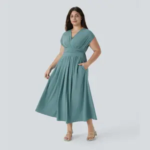 Halara Breezeful V Neck Short Sleeve Side Pocket Tie Back Quick Dry Midi Casual Plus Size Dress
